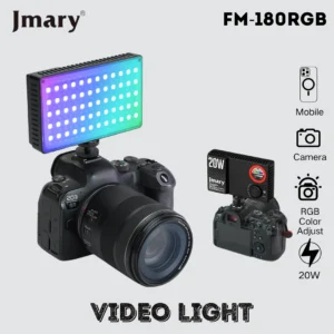 نور RGB جیماری FM-180RGB نصب‌شده روی دوربین عکاسی